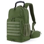 Front view of a camping, hiking, military style outdoor backpack. The material is finished in army style green colour.