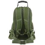 Rear view of a camping, hiking, military style outdoor backpack. The material is finished in army style green colour.