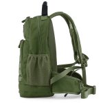 Side view of a camping, hiking, military style outdoor backpack. The material is finished in army style green colour.