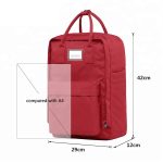 Red casual laptop backpack showing the front view and dimensions.