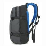 Side view showing open compartments of college laptop backpack.