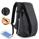 Front feature view of a fashionable laptop backpack.