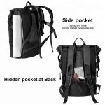 Grey lightweight travel backpack. This view shows the secure laptop and other compartments.