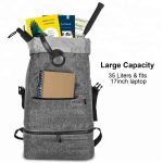 Grey lightweight travel backpack. This image demonstrates the large capacity with lots of items filled inside of the backpack.