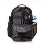 Front view showing open compartments of a black laptop travel backpack.