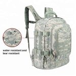 Side feature view of a large tactical military style tacticle outdoor backpack.