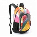Front view of multicoloured printed backpack.