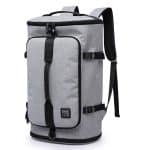 Front view of multifunction travel duffel backpack.