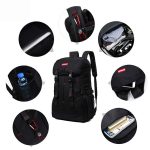 Feature view of slick laptop backpack.