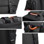 Closeup view of a black stylish laptop backpack.