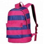 Front view of a pink and blue striped girls backpack. This image also shows one back strap.