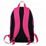 Rear view of a pink and blue striped girls backpack. This image also shows two shoulder straps.