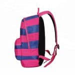 Side view of a pink and blue striped girls backpack.