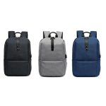 Front view of a super slim laptop backpack. Black, grey and blue models shown.