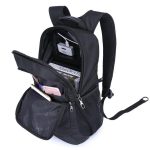 Front open view of a black work laptop backpack