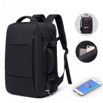 Front view of black 17inch exapandable mens laptop backpack.