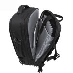 Side open view of black 17inch exapandable mens laptop backpack.