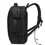 Side view of black 17inch exapandable mens laptop backpack.