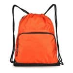 Front view of an orange drawstring custom folding backpack.