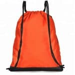 Rear view of an orange drawstring custom folding backpack.