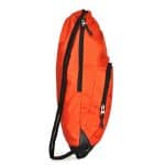 Side view of an orange drawstring custom folding backpack.