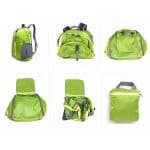 Steps to fold a green foldable outdoor backpack.