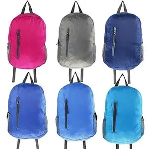 Various colour options of a lightweight folding backpack.