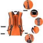 Feature view of a nylon travel folding backpack.