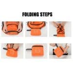 Steps to fold view of a nylon travel folding backpack.