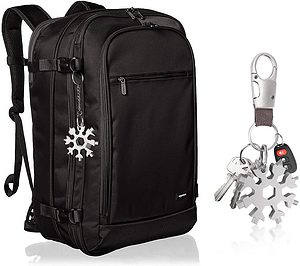 Picture of an 18 in 1 metal multi-tool keying hanging from a black backpack.