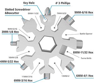 Picture of an 18 in 1 metal multi-tool showing all the specifications of each screw driver, utility and accessory component.