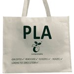 White promotional PLA bag with green printed lettering.