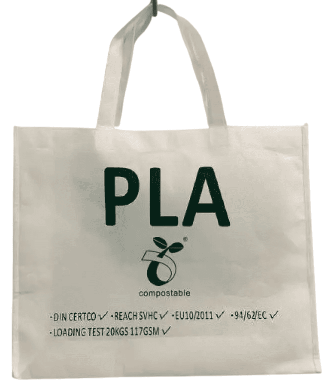 White promotional PLA bag with green printed lettering.