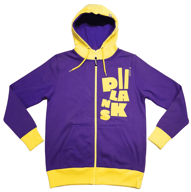 Purple and yellow custom hoodie with a printed logo