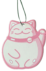 Pink and white custom car air freshener die-cut into the shape of a Maneki-neko lucky cat, featuring a smiling expression, closed eyes, and a waving left paw. The cat has pink outlines and details, including a collar, and a black string loop for hanging.