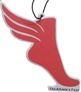Custom air freshener shaped like 'The Athlete's Foot' logo, featuring a red stylized foot with a white wing and white border. The text 'The Athlete's Foot' is printed at the bottom. A black string is attached for hanging.
