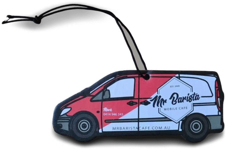 Custom car air freshener die-cut in the shape of a 'Mr Barista MOBILE CAFE' branded van. The van design is red and white with black and grey details, showing the logo, 'EST. 2009', a phone number, and website 'MRBARISTACAFE.COM.AU'. It has a black elastic hanging loop.