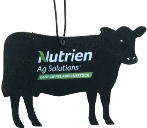 Black custom air freshener in the shape of a cow or steer, featuring the 'Nutrien Ag Solutions' logo in white and green, with 'EAST GIPPSLAND LIVESTOCK' printed below. The freshener has a black hanging string.