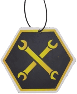 Hexagon-shaped custom air freshener with a central design of two crossed yellow spanners on a black background. The design is bordered in yellow, with the air freshener itself having a white edge and a black hanging string. Ideal for mechanics or automotive businesses.