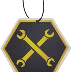 Hexagon-shaped custom air freshener with a central design of two crossed yellow spanners on a black background. The design is bordered in yellow, with the air freshener itself having a white edge and a black hanging string. Ideal for mechanics or automotive businesses.