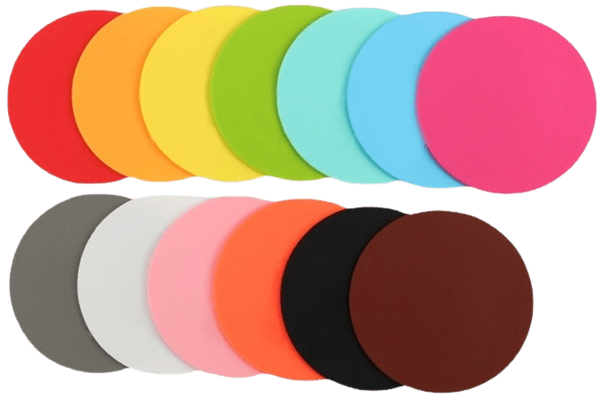Various plain coloured circular silicone drink coasters.
