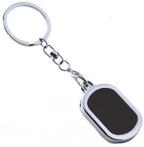 A blank, rectangular metal photo frame keyring, model MPFK-021a, with a polished finish, ready for a custom photo insert.