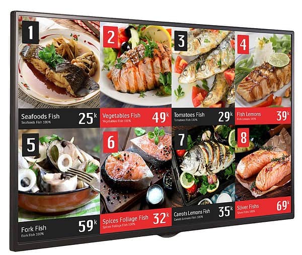 Seafood menu displayed on a large digital signage screen.