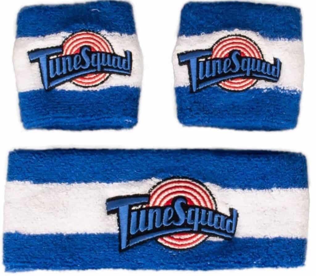 Set of blue and white striped terry cloth sweatbands (wristbands and headband) with the Tune Squad logo