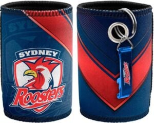 QW Direct can produce custom NRL team stubby holders like this blue Sydney Roosters can cooler featuring their iconic rooster logo and team colours.