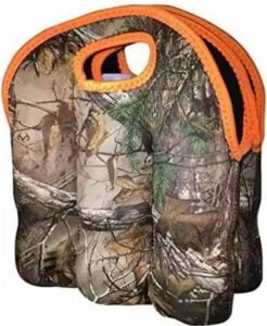 Looking for custom camouflage beer carriers? QW Direct produces branded 6-pack bottle totes like this camo design with orange trim. Enquire now for outdoor events or promotional merchandise!