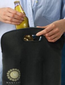 Showcase your brand with custom bottle carriers! QW Direct produces branded 6-pack totes like this black one with the 'Mantana Restaurant' logo. Enquire now for promotional merchandise for your business!