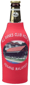Looking for custom photo bottle coolers for your club or event? QW Direct produces branded neoprene sleeves with full-colour image printing, like this 'All Ranks Club Hostie Penang Malaysia' design. Enquire now for unique promotional merchandise!