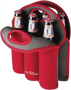 howcase your brand! QW Direct Australia produces custom logo 6-pack beer cooler bags like this red and grey tote, ready for your design. Enquire for promotional merchandise!