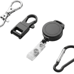 A collection of popular lanyard accessories including a double-ended swivel hook, a plastic side-release clip, a retractable badge reel, and a black carabiner hook.
